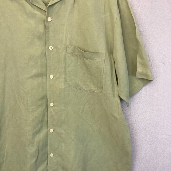 IZOD Button Up Washable Silk Linen Blend Shirt Mens Large L Green Short Sleeve - Picture 5 of 14
